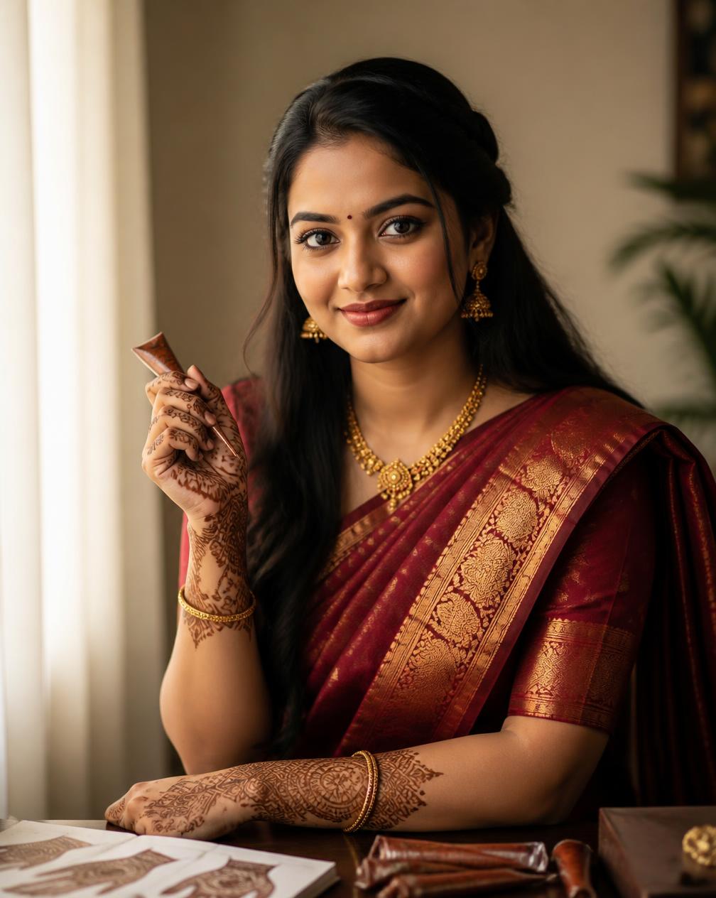 Harini, professional bridal mehendi artist, holding a henna cone